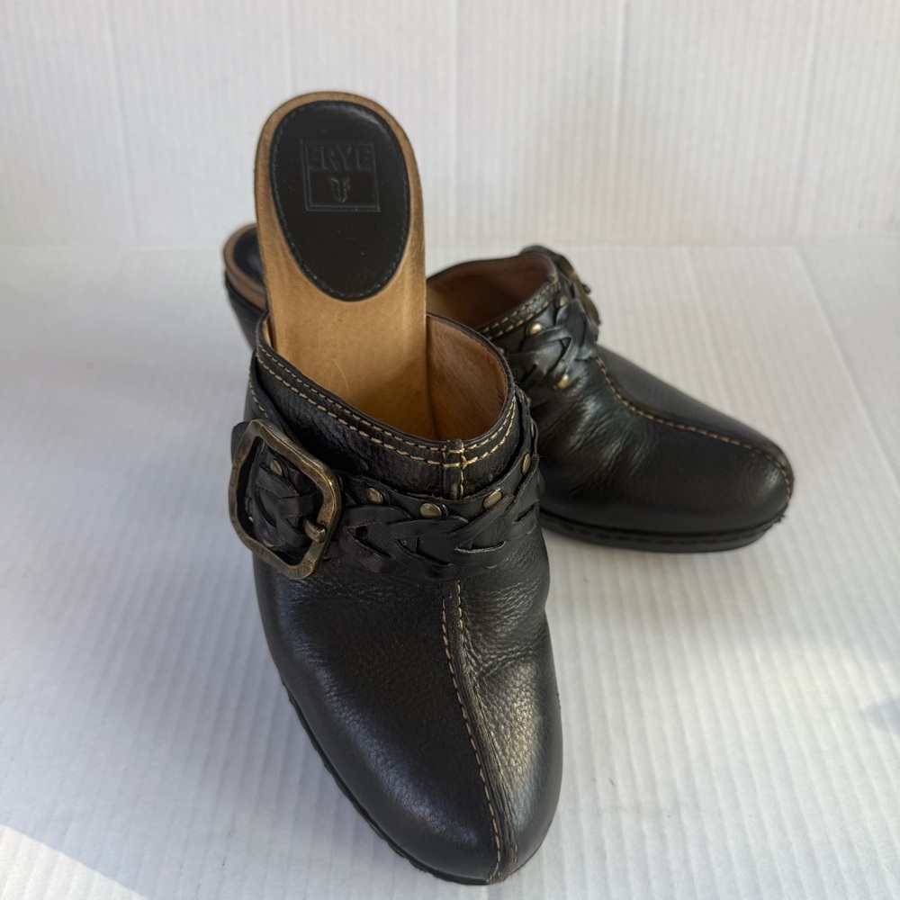 Frye Black Leather Mules with Buckle